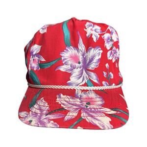 Vtg 90s Sansun Red Hawaiian Floral Hat Rope Snapback Blank OSFA